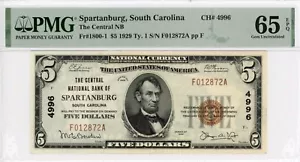 1929 Spartanburg, SC 5 $ Schein Central NB CH#4996 PMG 65 EPQ - Bild 1 von 2