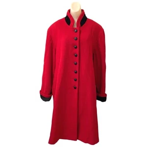 Cathy Jo Large Red Wool Coat Vintage Black Velveteen Accents Designer Military - Picture 1 of 6