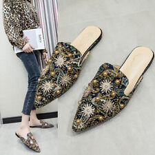 Women Pointed Toe Flat Loafers Shoes Floral Rhinestone Beaded Casual Slippers
