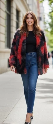 Chaqueta de piel sintética June & Hudson talla L, frente abierto, rojo difuso - negro Foto 1 de 4