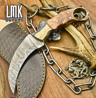 LMK Hot Item Karambit Knife Twist Damascus Olive Wood Wooden Bolster Hiking - Image 1 of 4