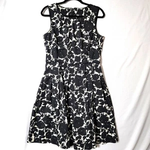 Talbots Womens Midi Dress Sz12 Fit & Flare Pockets Pleated Black & Cream Floral - Picture 1 of 11