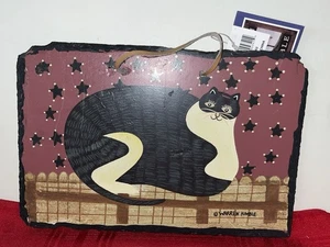 NWT WARREN KIMBALL 12x8 HAPPY FAT CAT PRIMITIVE STYLE ON SLATE W’ LEATHER HANG - Picture 1 of 8