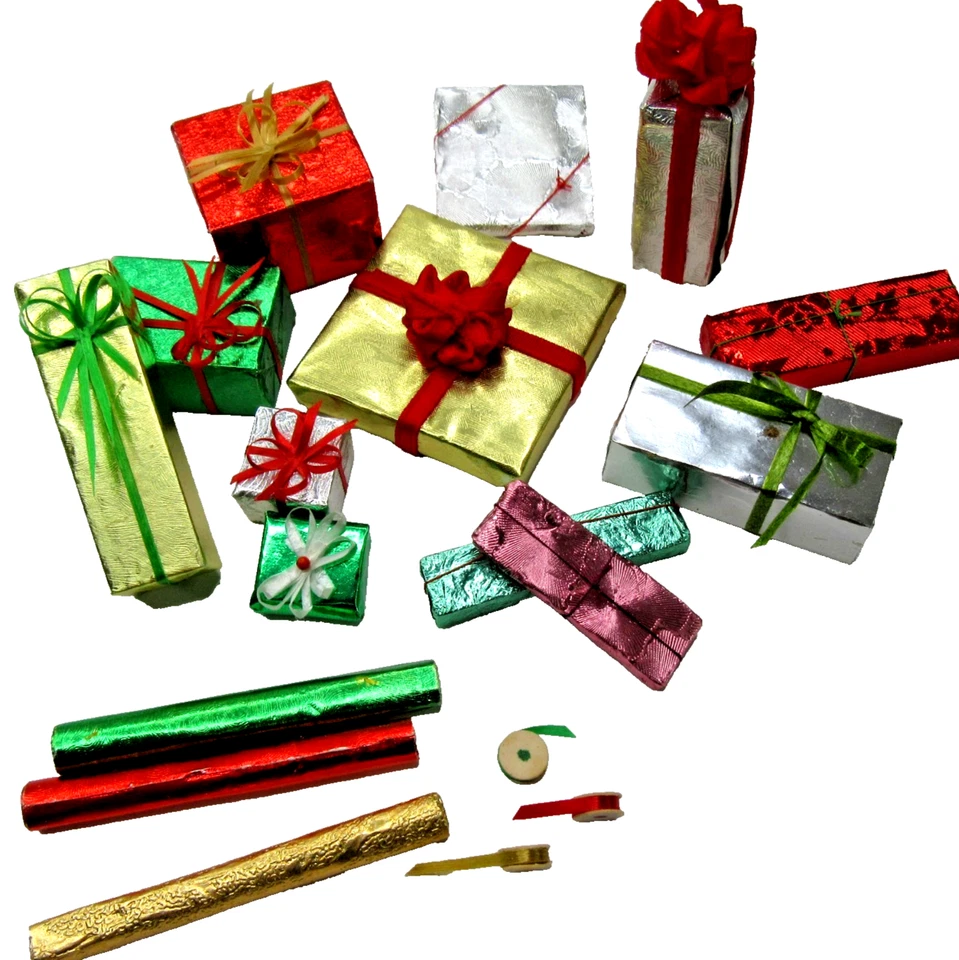 dollhouse miniature 12 Xmas finely wrapped gifts presents + wrapping paper Lot - Image 1 of 4