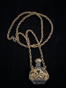 VTG Perfume Bottle Openable Adorned Gold- Plated Filigree  Necklace 28” - Picture 1 of 9