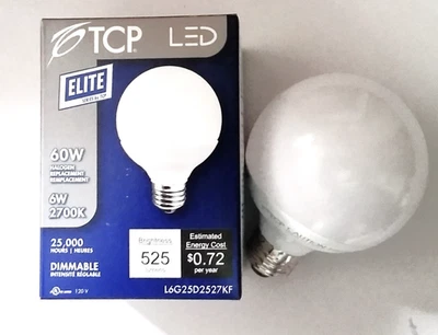 TCP L6G25D2527KF 6W 2700K Dimmable G25 Globe LED Light Bulb 60 Watt Equivalent - Image 1 of 4
