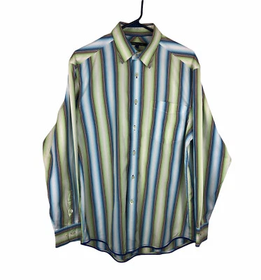 Indigo Palms Denim Company Mens Medium Blue Green Brown Stripe Long Sleeve Shirt - Image 1 of 4