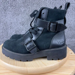 Ugg Zorrah Combat Boot Womens Size 7 Black Suede Leather Waterproof Moto Ankle - Picture 1 of 9