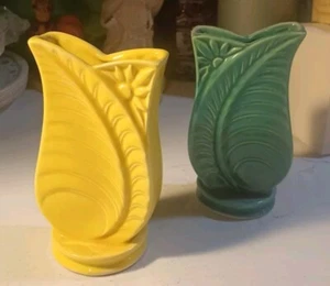 2 Vintage USA McCoy Floral Pottery Vases~Yellow & Green~5 Inches Tall Each - Picture 1 of 8