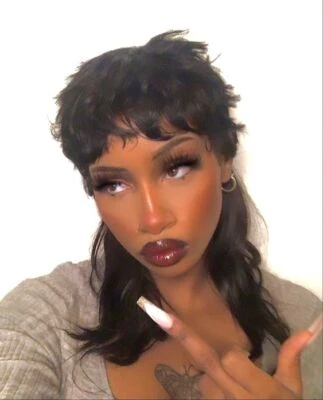  Peluca hecha a máquina completa con flequillo onda recta salmonete peluca cabello humano peluca negra Foto 1 de 4