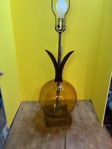 Vtg Amber Orb Danish Modern Table Lamp Pineapple MCM Mid Century Modern Teak - Picture 1 of 11