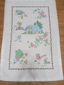 Vintage Richard Scarry Crib Quilt Baby Blanket Satin Trim 1970s Farm Cats Pigs - Picture 1 of 19