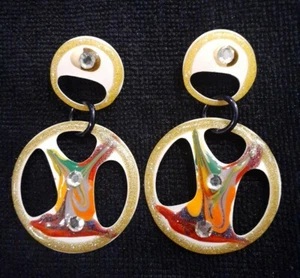 VINTAGE 80er RIESIGE 3" RETRO FUNKY OOAK OHRRINGE EMAILLE & GLITZER - Bild 1 von 7