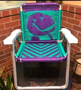 Barney Vintage Aluminum Kid's Folding Lawn Chair Macrame Woven 22” - Picture 1 of 4