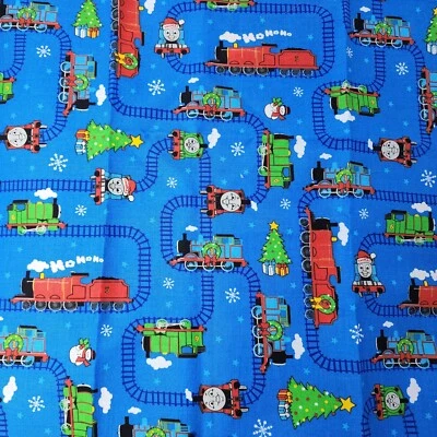 Thomas The Tank Engine Train Blue Christmas Fabric Cotton 16" x 42" 2006 - Image 1 of 4
