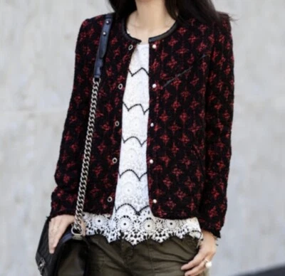 IRO Handi jacquard Jacket Black Red Leather Trim Tweed Size 34/US 2 - Image 1 of 4