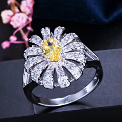 18K White Gold Filled Created Crystal Oval Cut Citrine Hallow Out Flower Ring Foto 1 de 4