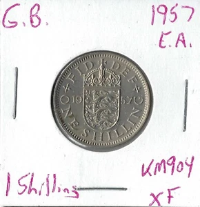 Moneda Gran Bretaña 1 chelín 1957 KM904, Isabel II, armas inglesas - Imagen 1 de 3