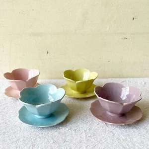 Purple, Pink, Blue and Yellow Lillian Venon Lotus Bowls and Saucers, 8 Pieces - Picture 1 of 10
