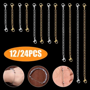 12/24Pcs Stainless Steel Chain Extender Necklace Bracelet Lobster Lock 2" To 6" - Picture 1 of 11