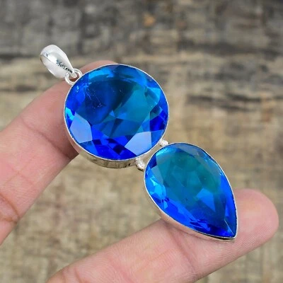 Topazio Blu Gemma a Mano 925 Argento Sterling Ciondolo Gioielli Per Amore Regali - Immagine 1 di 4