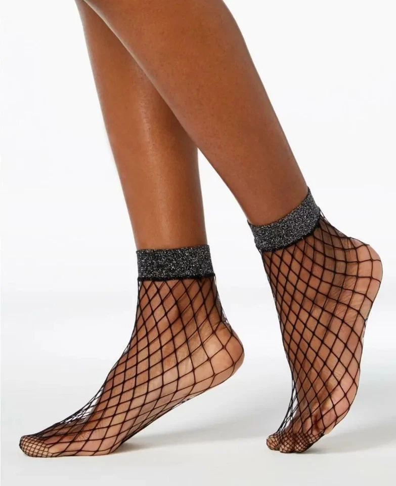 Inc International Concepts Women's Shimmer Fishnet Ankle Socks One Size Black A1