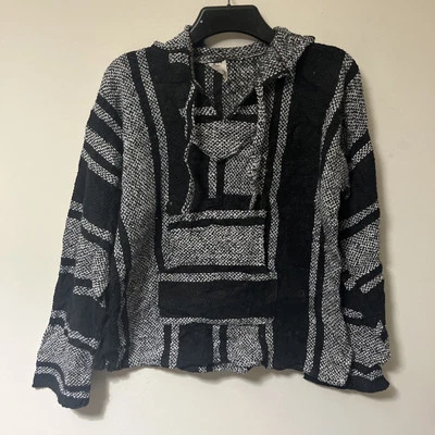 Mexican Baja Hoodie Mens Medium Black Grey Striped Drug Rug Hippie Festival - Image 1 of 4