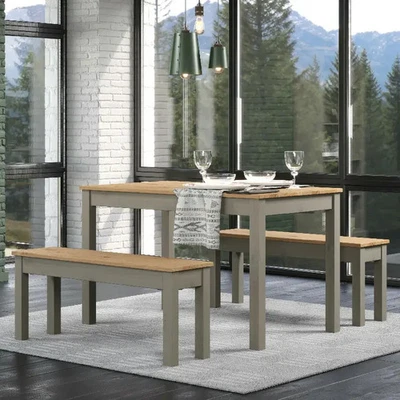 Pine and Grey Large Dining Set Table with 2 Benches Solid Wood Finish - Image 1 of 4