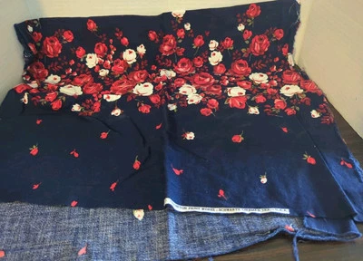 Cranston Print Works Fabric Blue With Red & White Roses, Remnant 20" X 34" - Image 1 of 3
