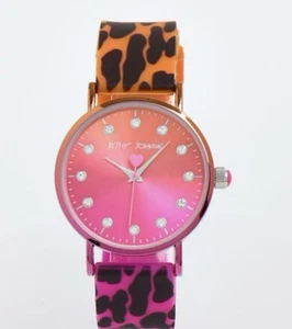 Betsey Johnson Rhinestone dial Face Watch with Pink/ Orange Leopard print strap - Picture 1 of 3