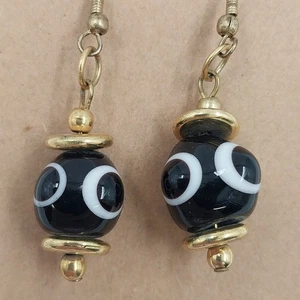 Pierced Earrings Retro Jewelry Vintage Gold Tone Black & White Drop Dangle - Picture 1 of 5