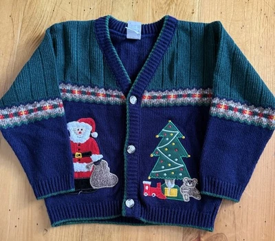 Vintage Weihnachts Strickjacke Strick Pullover Jungen 4T Kinder Weihnachtsmann Opa Kern - Bild 1 von 4