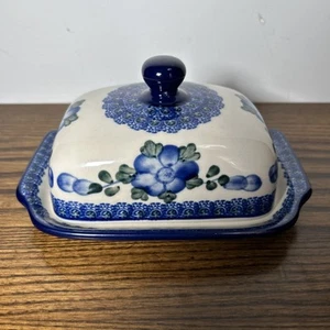 Polnische Boleslawiec Keramik bedeckt breite Butterdose mit Deckel blaue Blumen B.I-215 - Bild 1 von 7