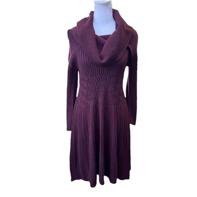 Eliza J Cowl Neck Knit Sweater Dress Medium Dark Purple Knee Length 3/4 Sleeves - Image 1 of 4