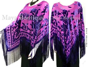Seide Ausbrenner Samt Poncho Kimono Oberteil Schal Magenta & Lila Maya Matazaro - Bild 1 von 4