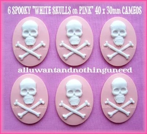 6 Goth Punk Halloween Dead Zombie Pirate WHITE SKULL on PINK 40mm x 30mm Cameos - Picture 1 of 3