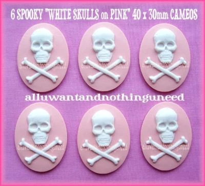6 готик-панк Хэллоуин мертвый зомби пират белый череп на розовый 40 мм x 30 мм камеи - Изображение 1 из 3