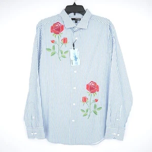 Murano Men's Long-Sleeve Shirt L SLIM FIT Blue White Striped  w/ Rose NWT $89.50 - Picture 1 of 11