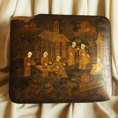 Chinese Antique Handpainted Gold Black Wood Papier Mache Lacquer Box Palace Art - Image 1 of 4