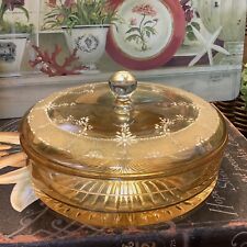 Vintage~Heisey Glass~Covered Candy Dish~7” Round~Light Amber w/White Decoration~