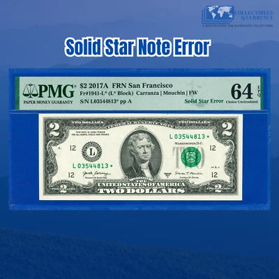 2017A $2 Two Dollars Bill, SOLID ((OVER INKED)) STAR NOTE ERROR, PMG CU 64 EPQ - Image 1 of 2