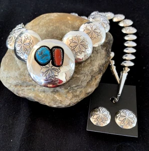 Koralle Türkis Navajo graduiert Sterlingsilber Kissen gestempelt Halskette 15635 - Bild 1 von 12