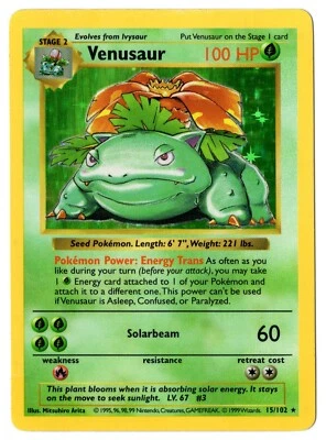 VENUSAUR SHADOWLESS BASE SET HOLO 15/102 POKEMON 1999 - Image 1 of 4