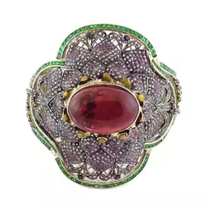 Conjunto de bisel floral de diamantes y zafiros turmalina de 7,76 quilates de oro amarillo de 14 k - Imagen 1 de 6