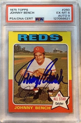 1975 Topps 260 Johnny Bench AUTO All Star Card Dual Cert PSA Ex-MT 6, AUTO PSA 9 - Image 1 of 2