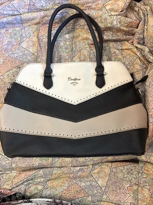 Bolso de mano David Jones negro, topo y blanco con asa superior usado interior limpio Foto 1 de 4