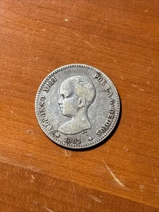 1891 Spain Silver Una Peseta Alfonso XIII-Silver World Coin - Picture 1 of 2