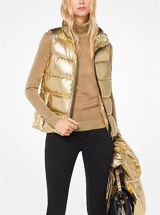WOMEN'S MICHAEL MICHAEL KORS METALLIC GOLD SLEEVELESS PUFFER VEST FULL ZIP XS - Image 1 of 4