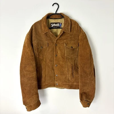 Vintage Schott Suede Leather Trucker Jacket Men Brown Made In USA Size 44 - Image 1 of 4