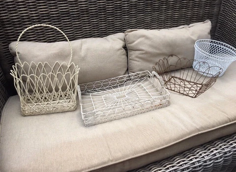 Three Vintage Metal Baskets For Decor & Two White Circle Wire Baskets, Both New Cover